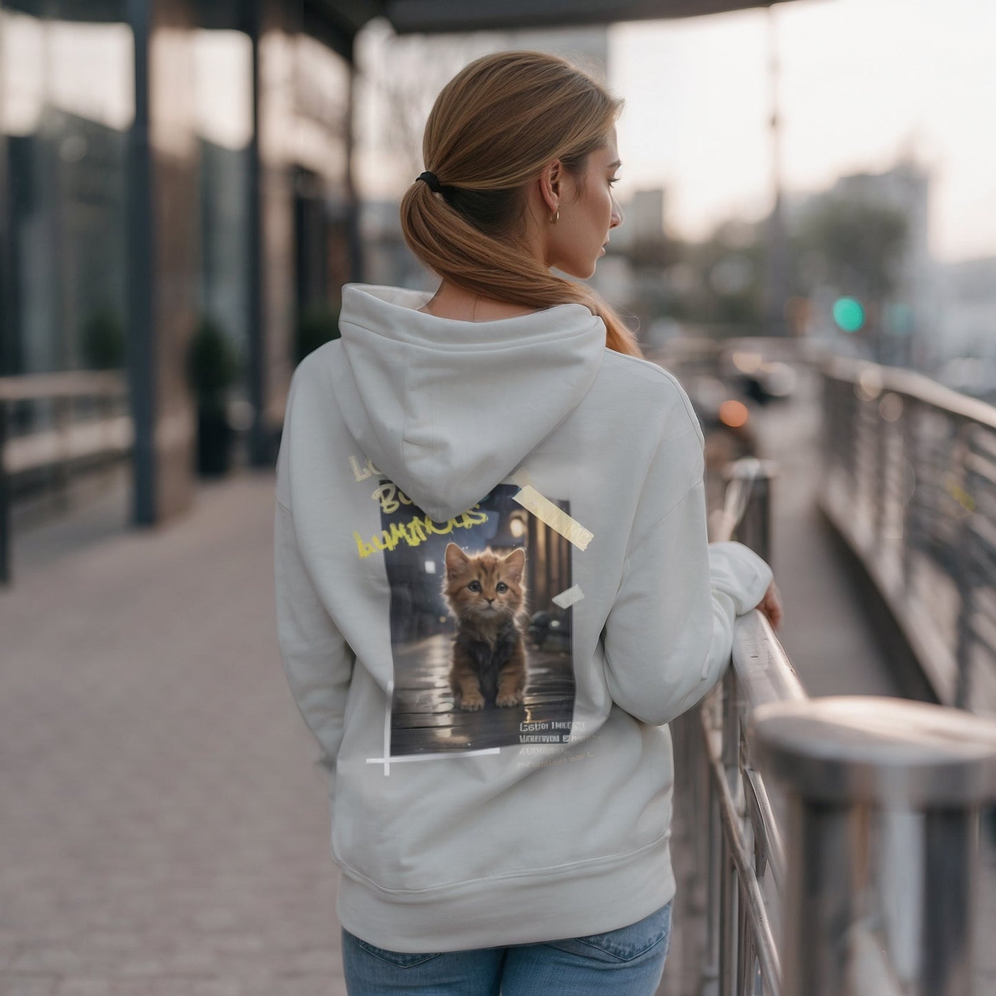Hoodie with Cute Kitten in Rainy City Night Illustration - Hoodie