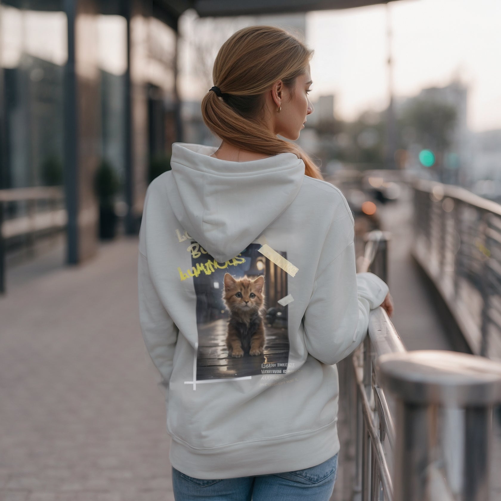 Hoodie with Cute Kitten in Rainy City Night Illustration - Hoodie