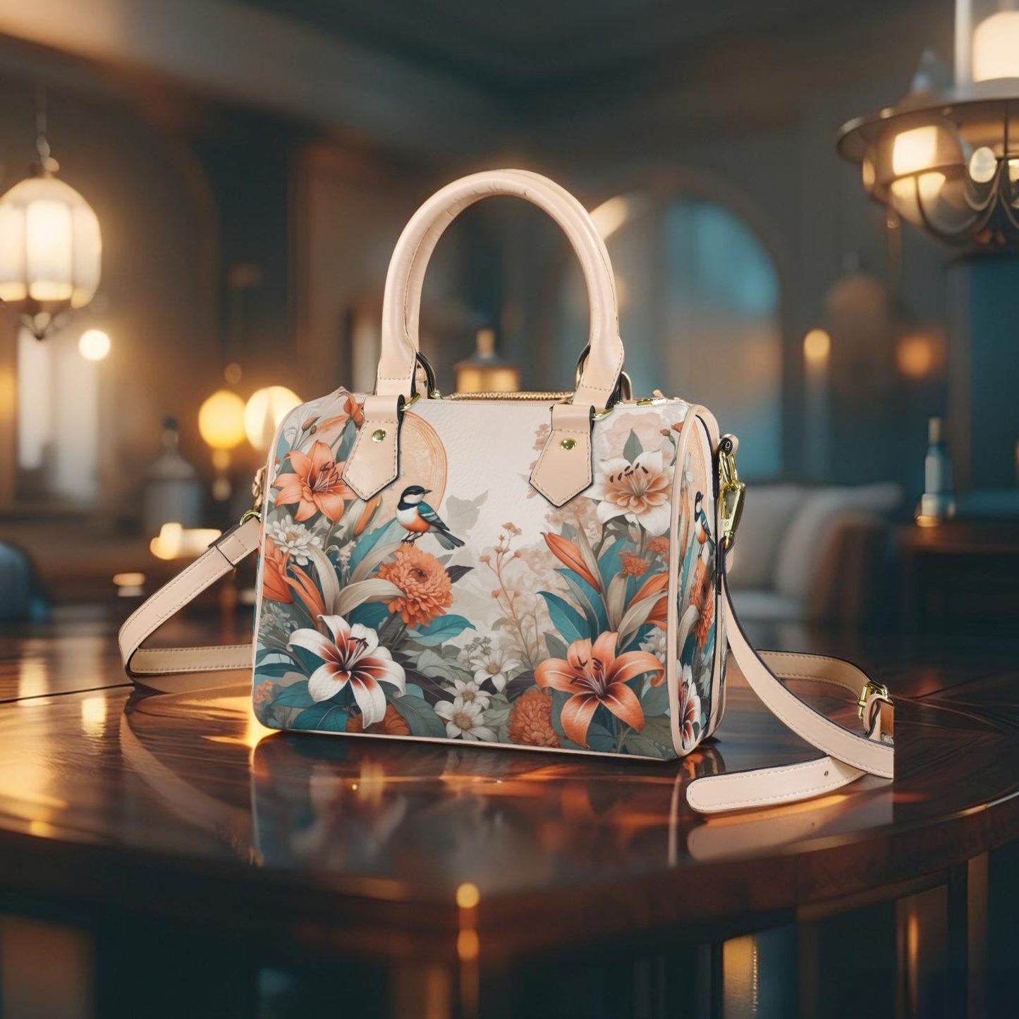 Elegant PU Leather Handbag with Floral & Bird Print