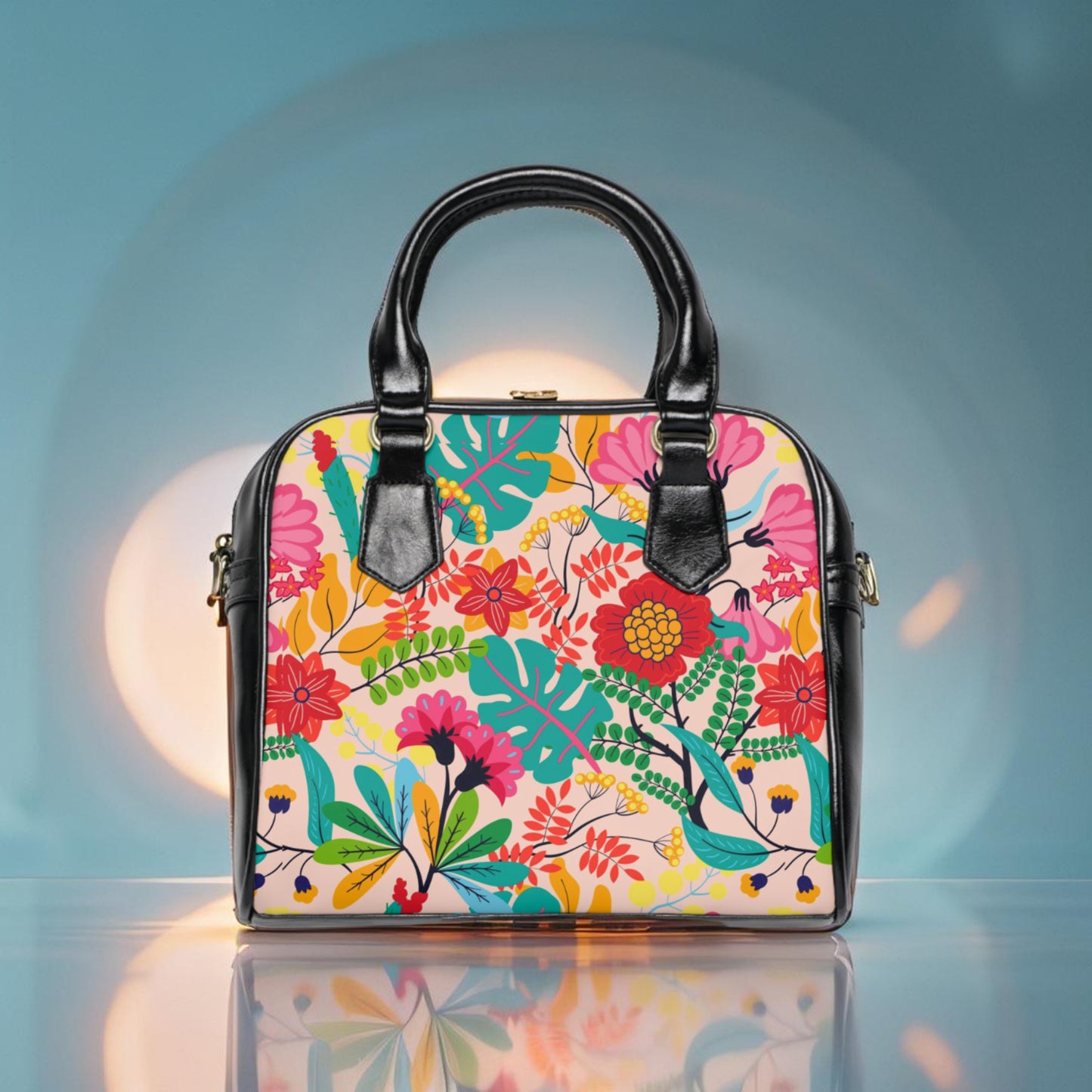Floral Vegan Leather Shoulder Handbag with Elegant Floral Pattern