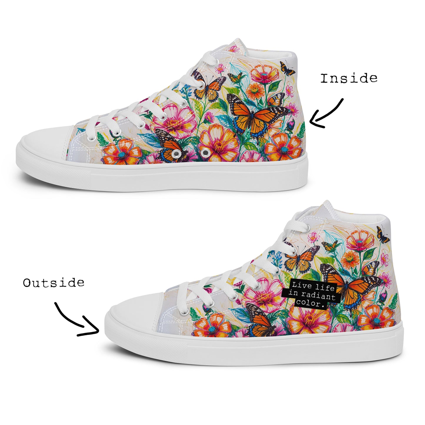 Women's Floral Canvas High-Tops – Colorful Butterfly Print Artistic Sneakers