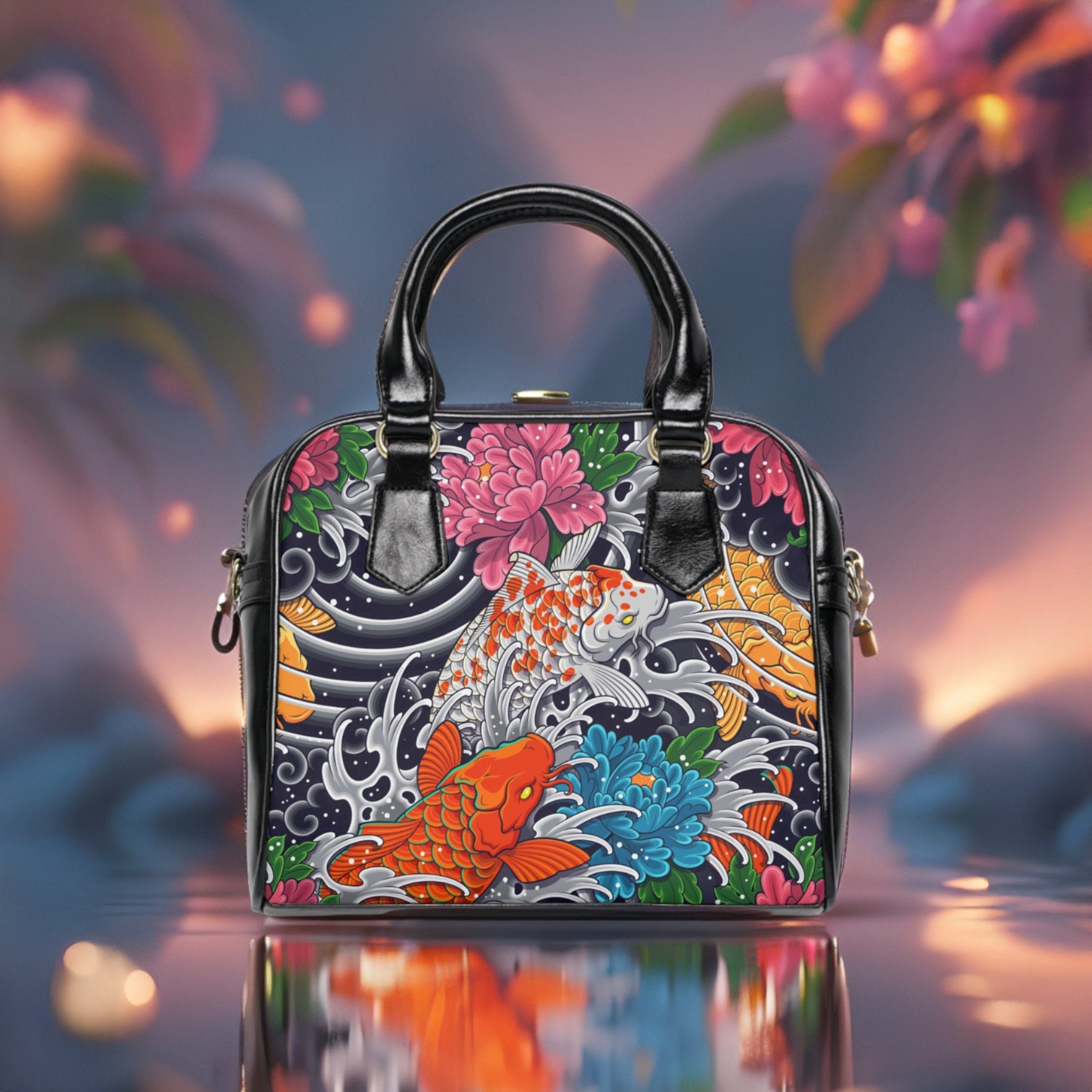 Handbag with Koi fish and floral design against a blurred natural background