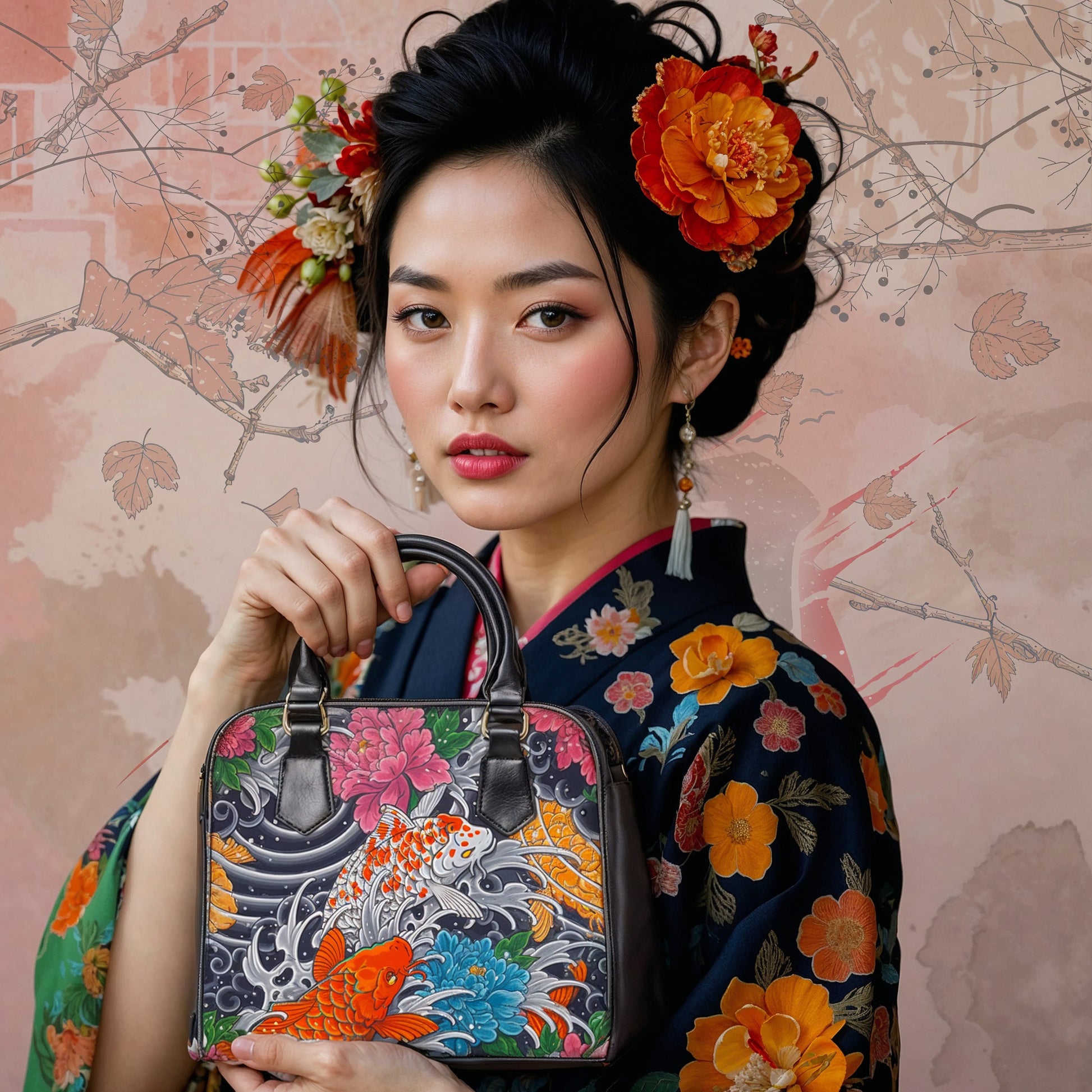 Woman in traditional attire holding a colorful handbag against a floral background