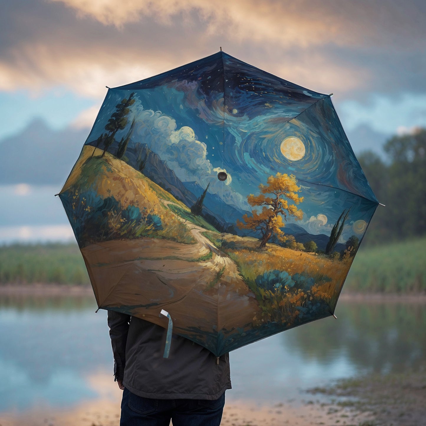 Artistic Foldable Umbrella - Scenic Starry Landscape Design