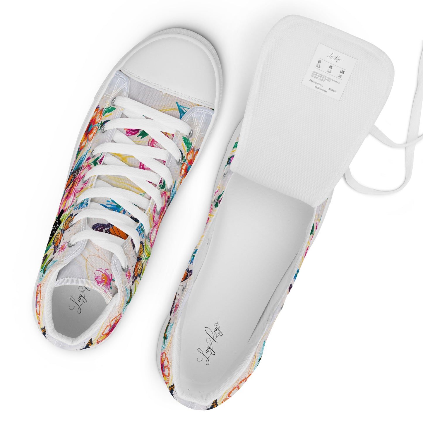 Women's Floral Canvas High-Tops – Colorful Butterfly Print Artistic Sneakers