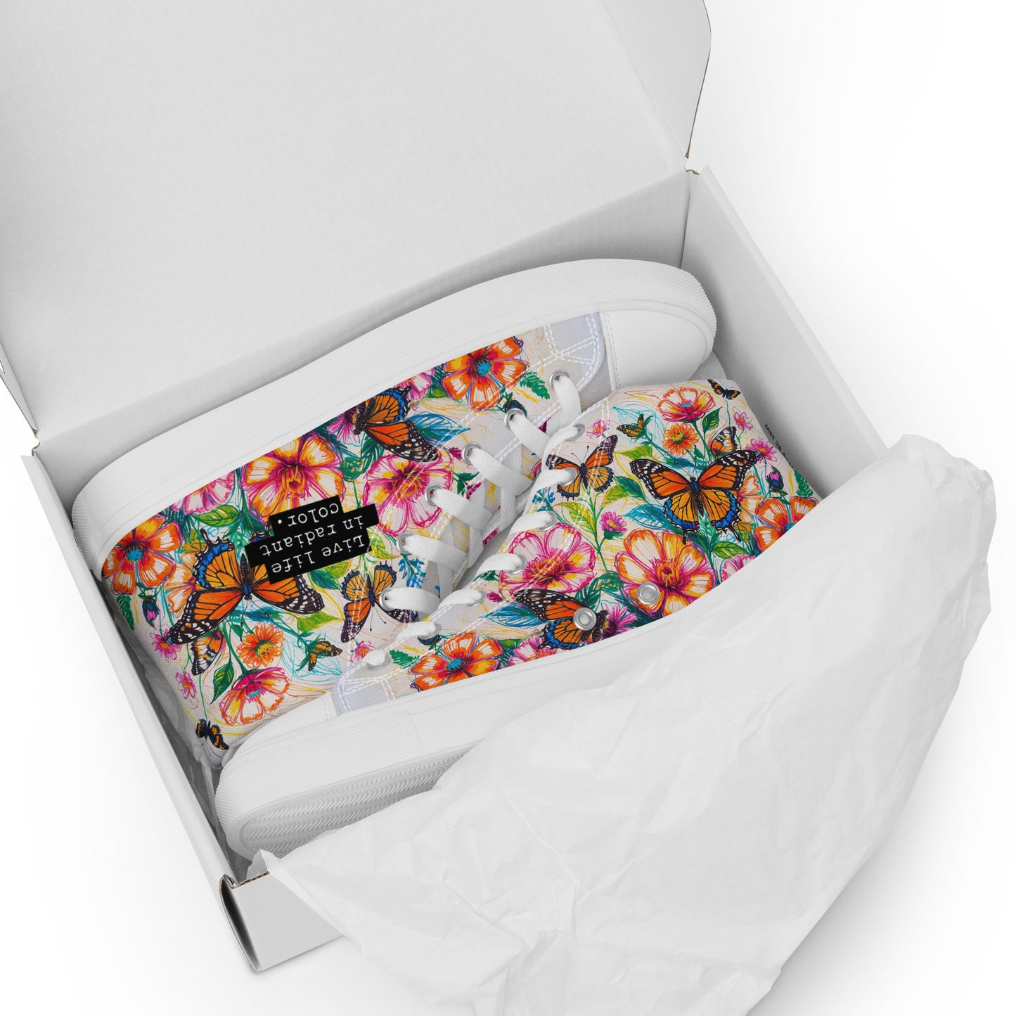 Women's Floral Canvas High-Tops – Colorful Butterfly Print Artistic Sneakers