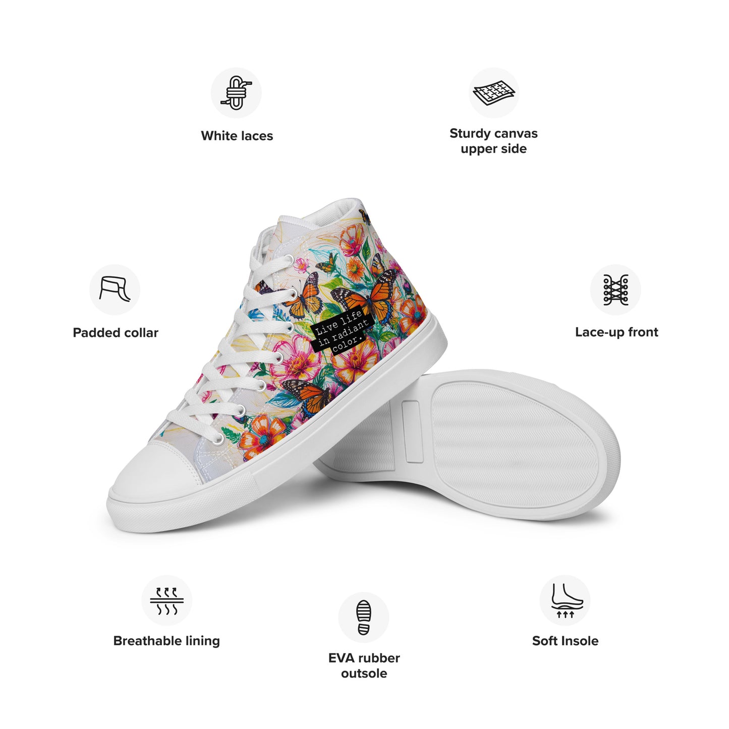 Women's Floral Canvas High-Tops – Colorful Butterfly Print Artistic Sneakers
