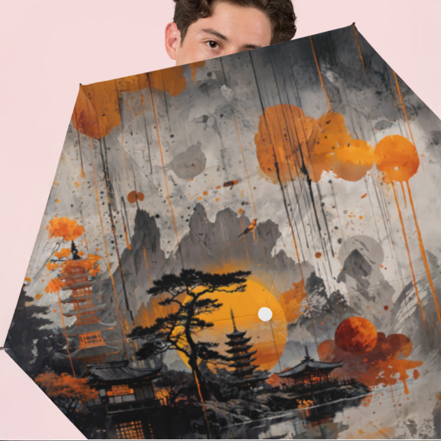 Artistic Asian Landscape Umbrella - Semi-Automatic Foldable