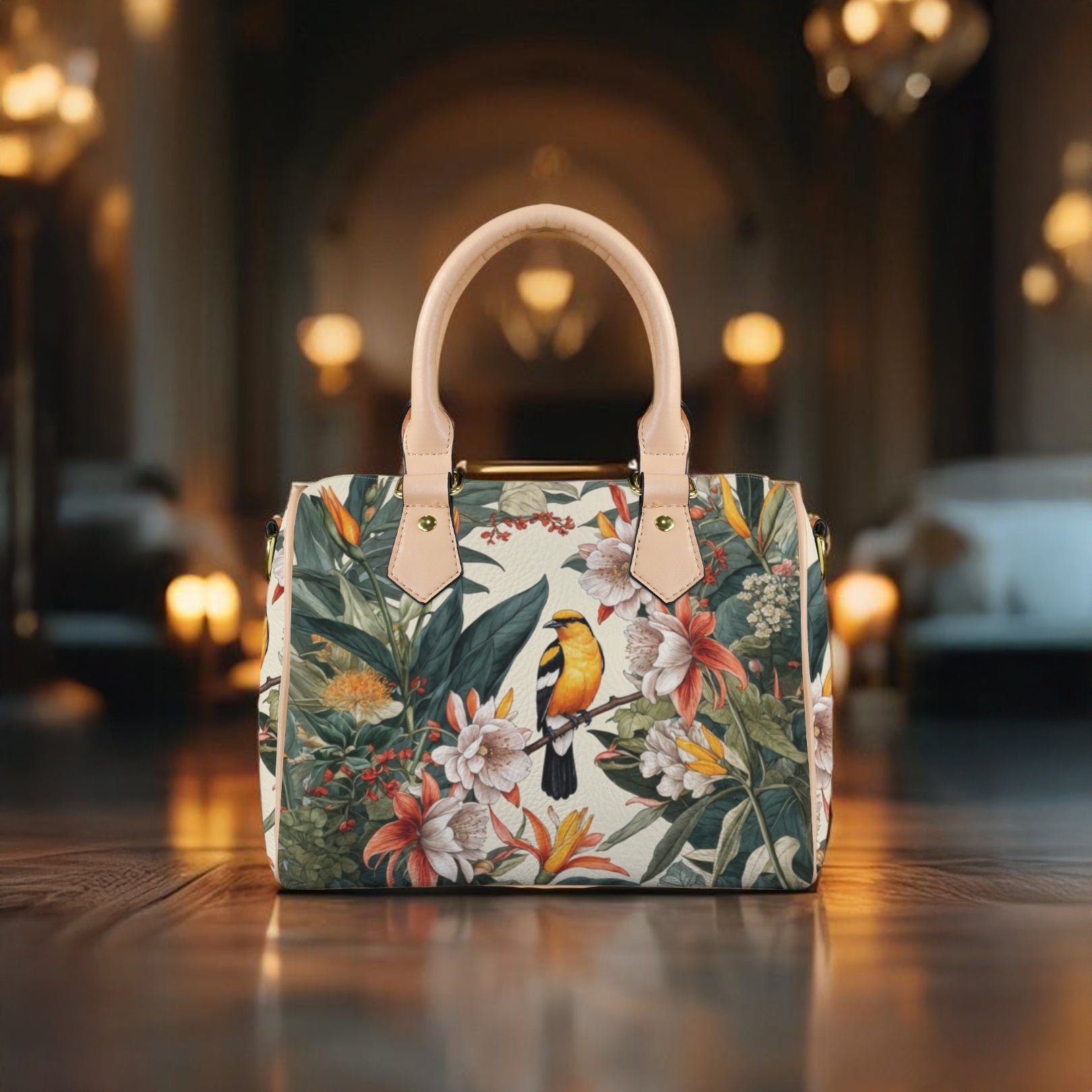 Floral-patterned handbag with birds on a wooden surface in an elegant interior setting