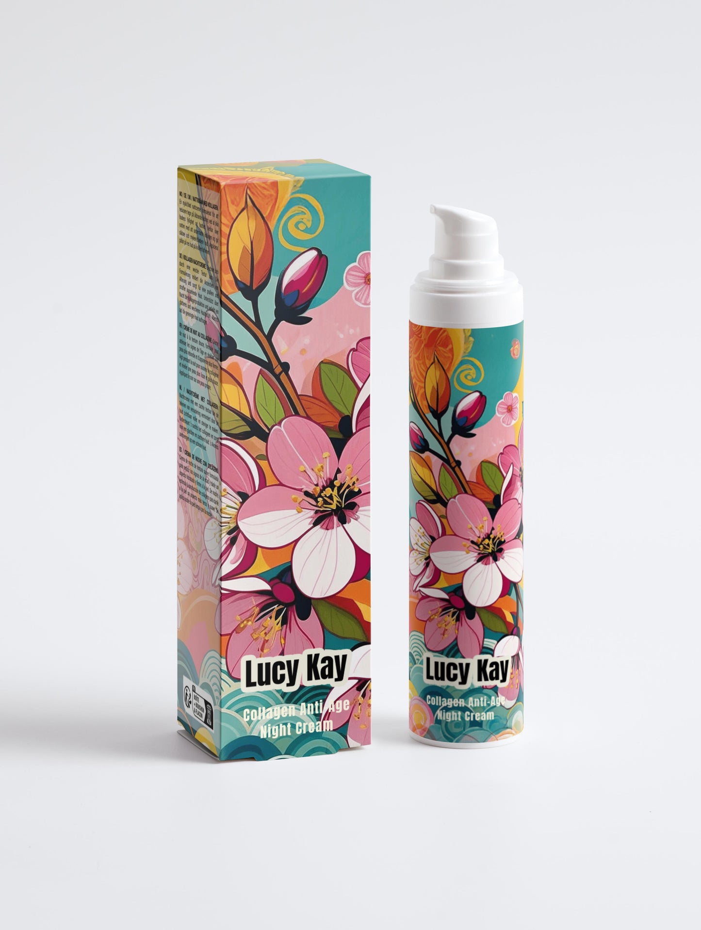 Lucy Kay cosmetic bottle and packaging with floral design on a white background