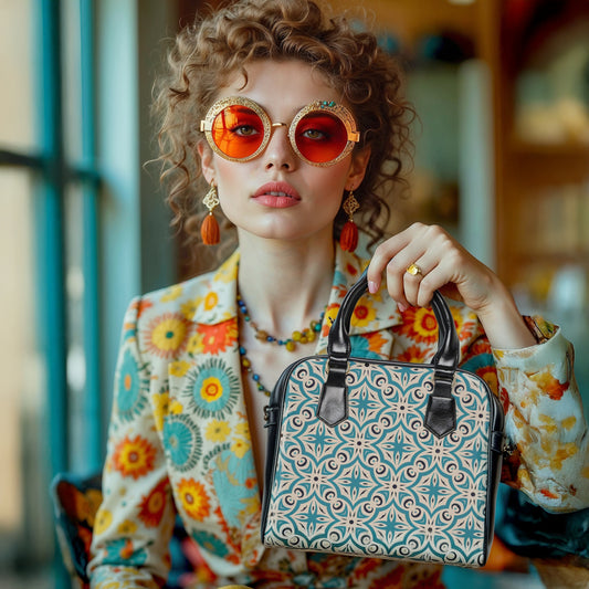 Woman holding a patterned handbag wearing colorful sunglasses and a floral jacket.