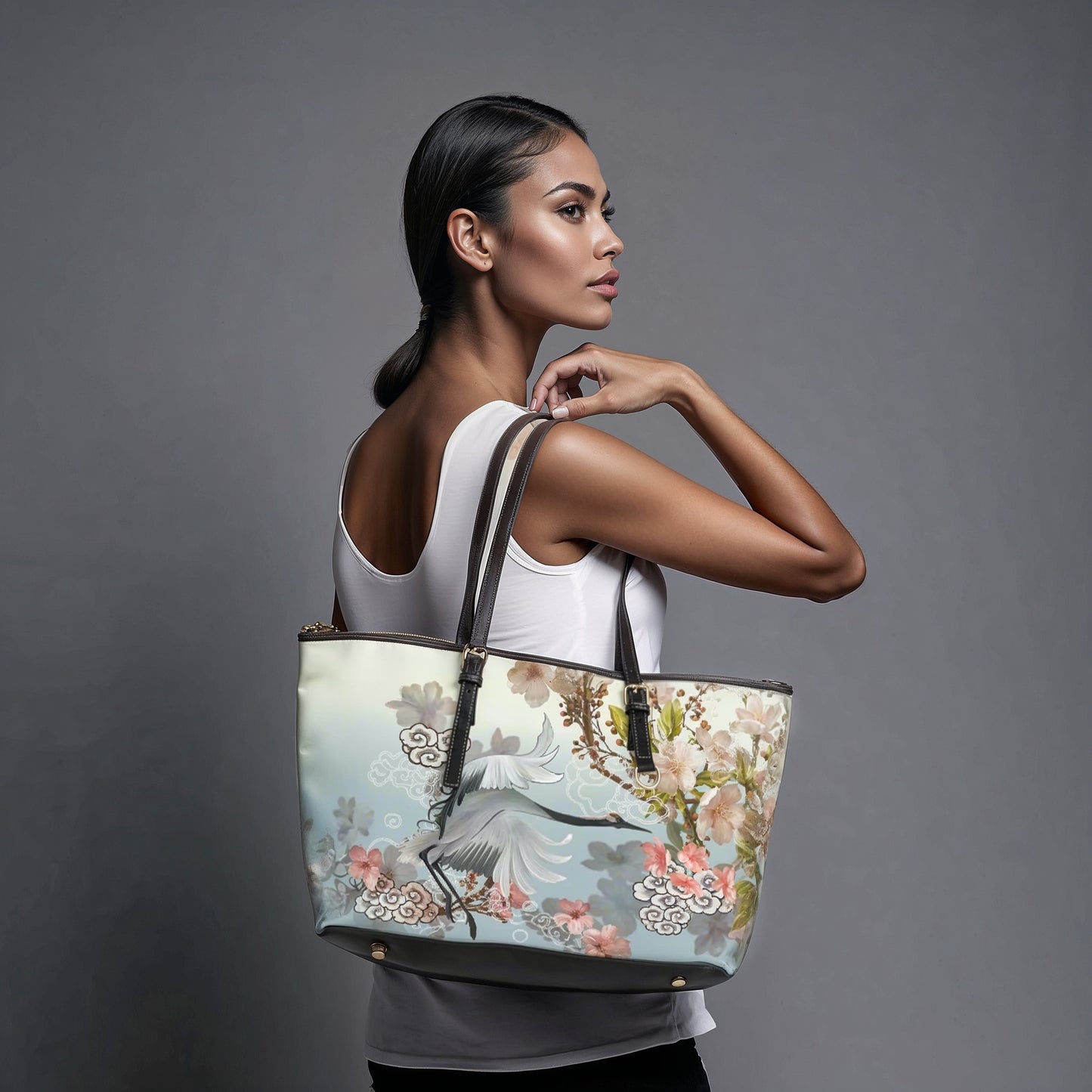 PU Leather Shoulder Bag - Elegant Cranes and Blossoms