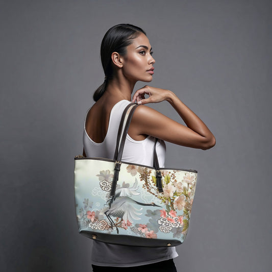 PU Leather Shoulder Bag - Elegant Cranes and Blossoms