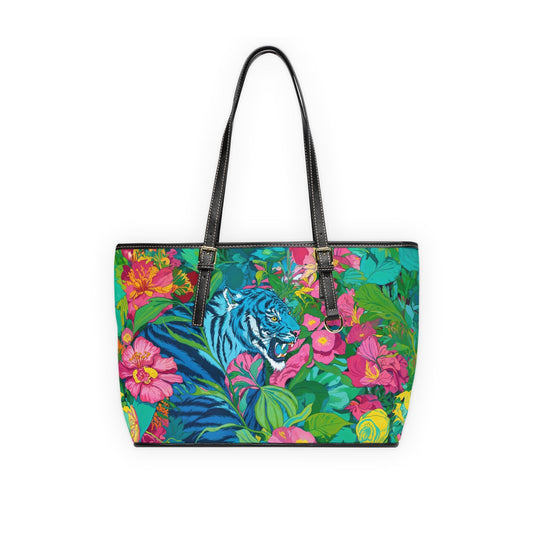 PU Leather Shoulder Bag - Blue Tiger in Jungle Illustration - 16’’ x 10’’ / Black - Bags