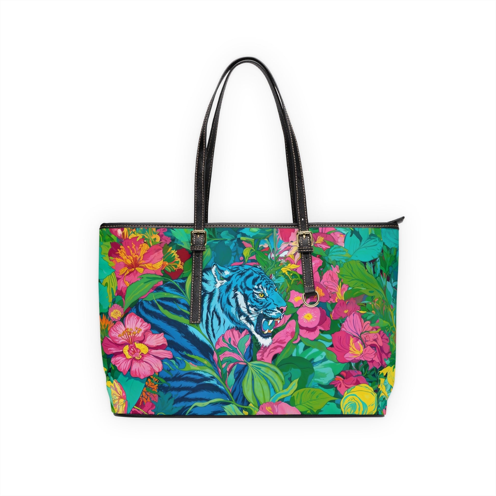 PU Leather Shoulder Bag - Blue Tiger in Jungle Illustration - 17’’ x 11’’ / Black - Bags