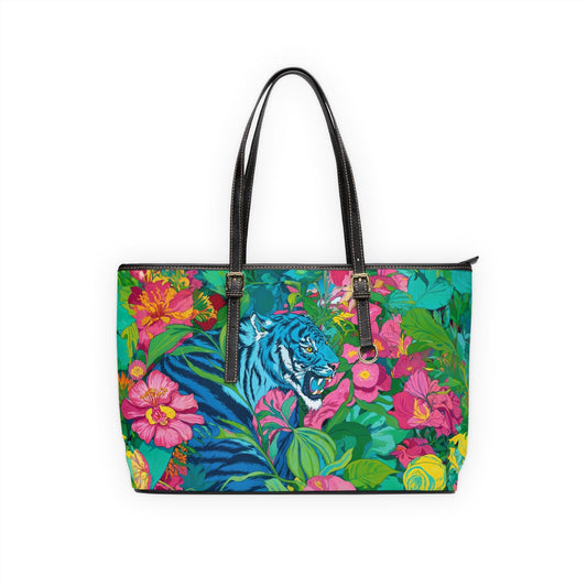 PU Leather Shoulder Bag - Blue Tiger in Jungle Illustration - 17’’ x 11’’ / Black - Bags