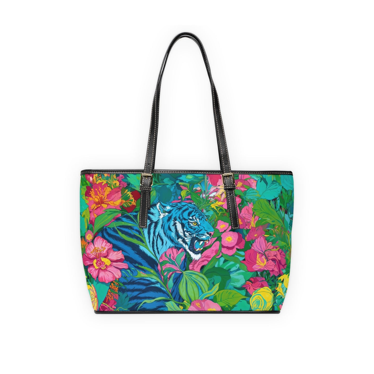 PU Leather Shoulder Bag - Blue Tiger in Jungle Illustration - Bags