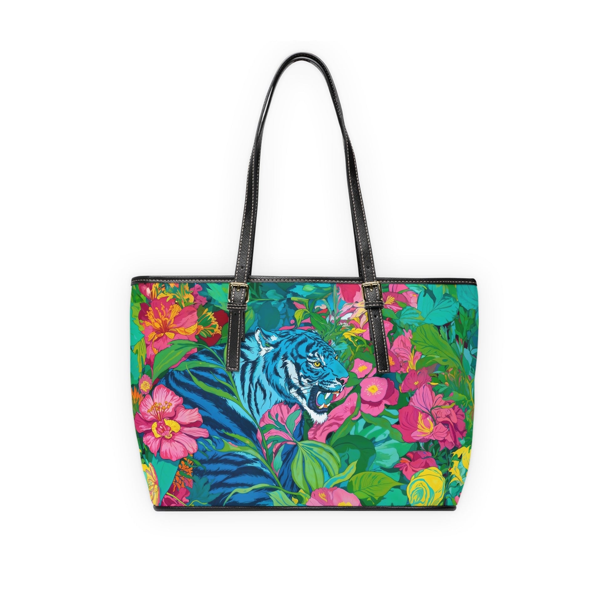 PU Leather Shoulder Bag - Blue Tiger in Jungle Illustration - Bags