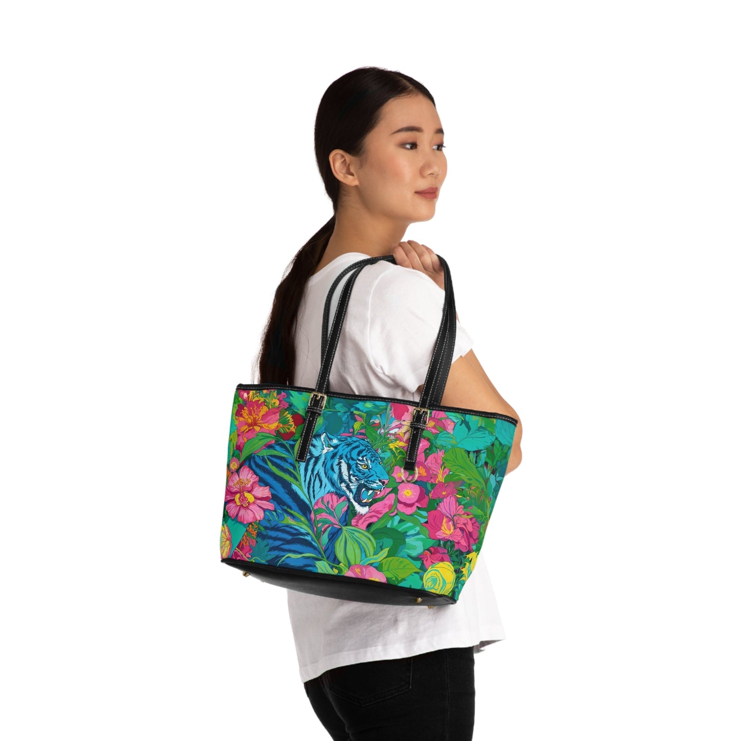 PU Leather Shoulder Bag - Blue Tiger in Jungle Illustration - Bags