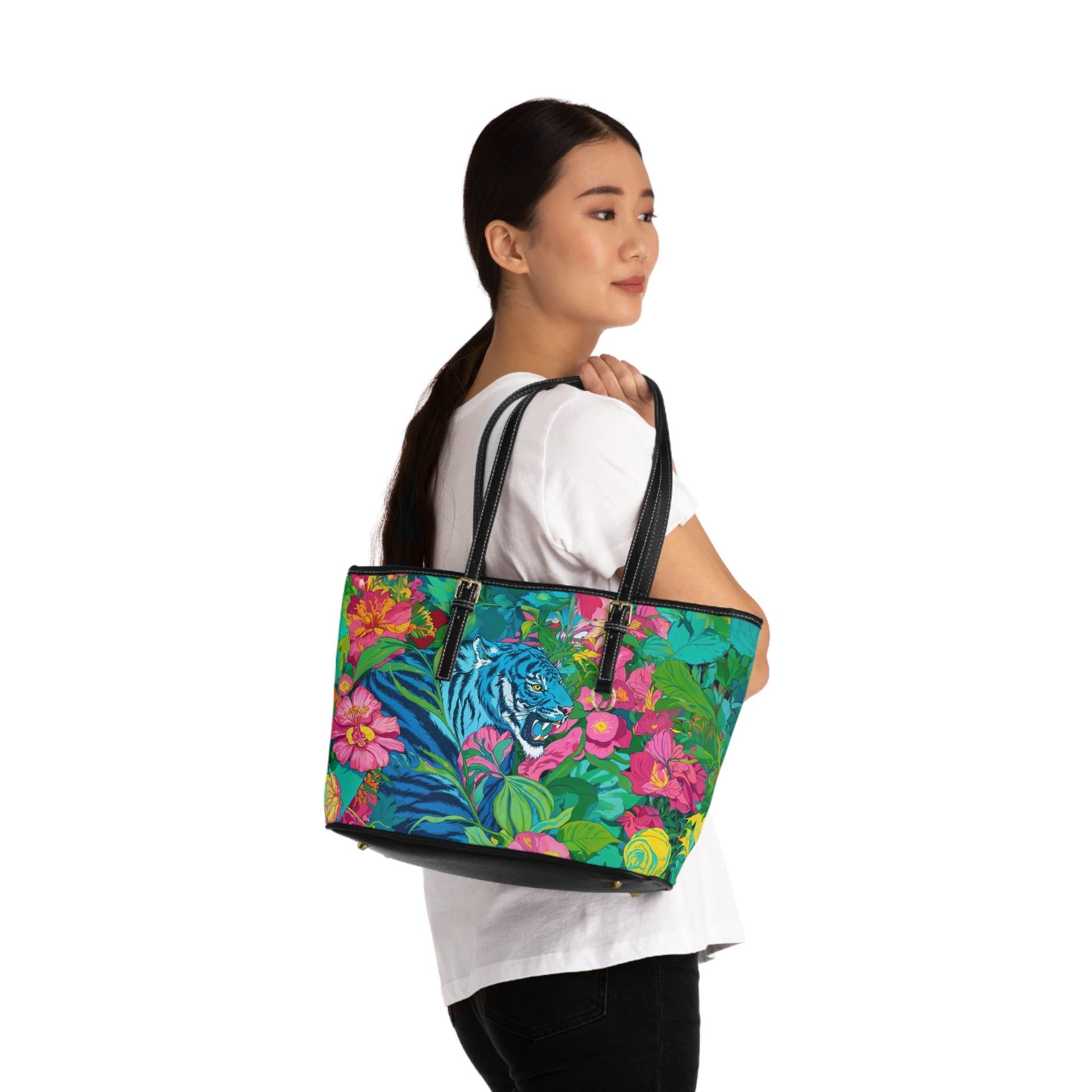 PU Leather Shoulder Bag - Blue Tiger in Jungle Illustration - Bags