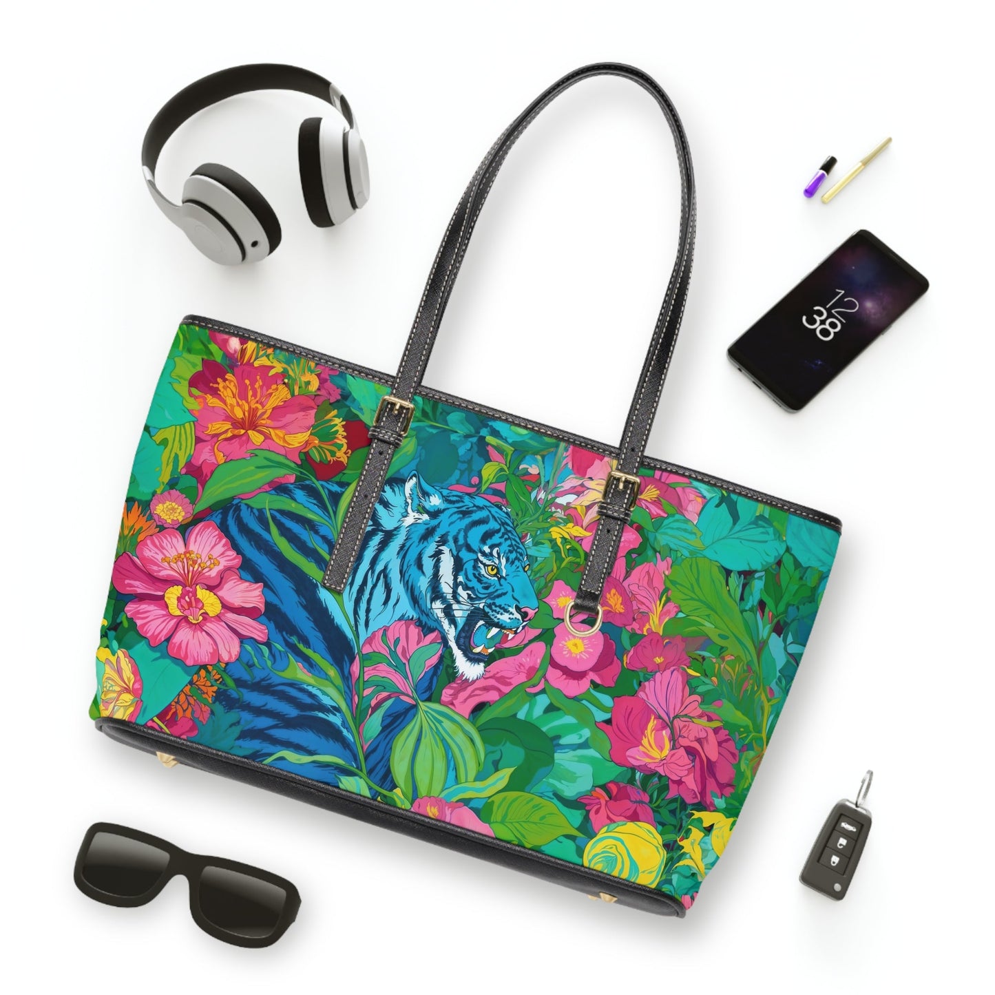 PU Leather Shoulder Bag - Blue Tiger in Jungle Illustration - Bags