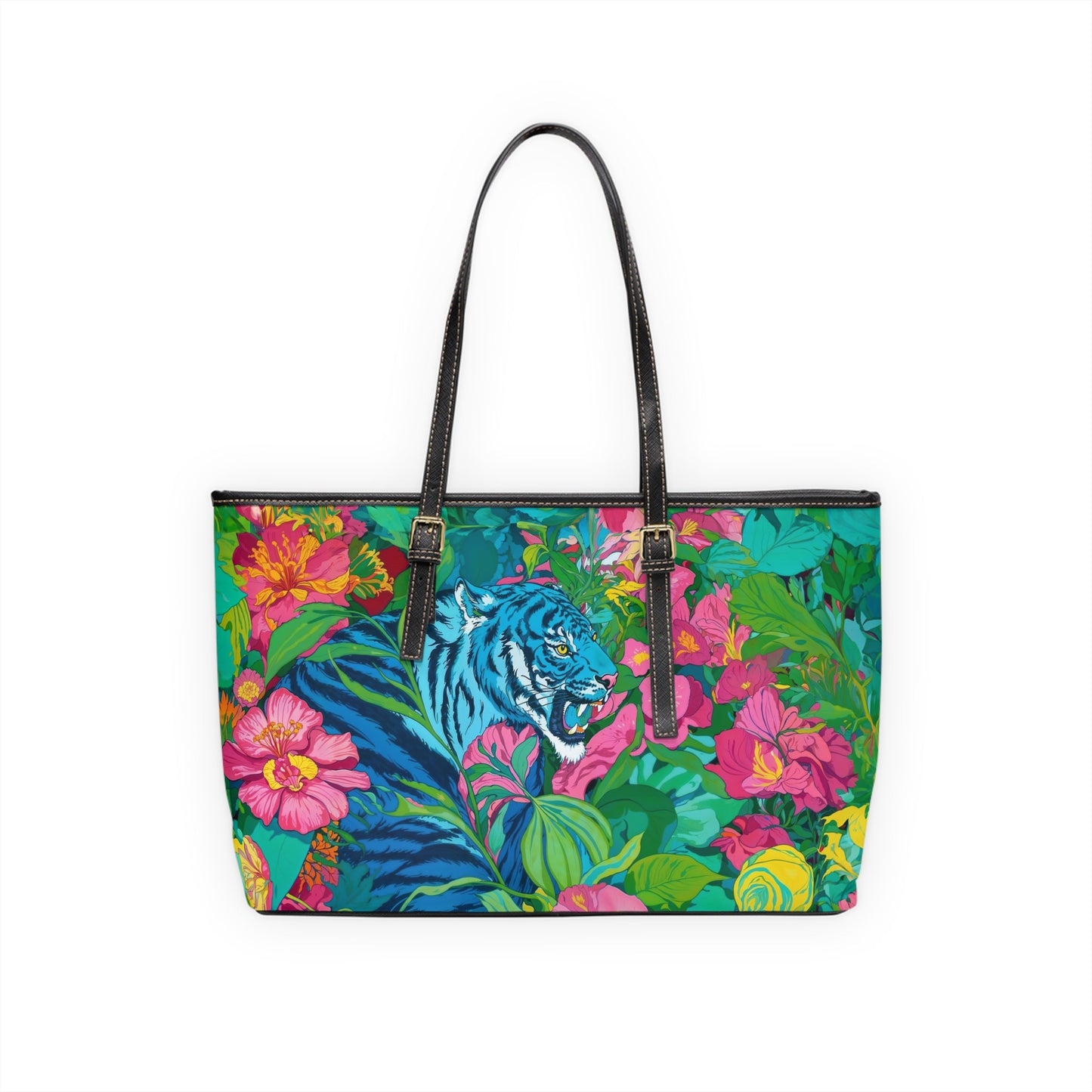 PU Leather Shoulder Bag - Blue Tiger in Jungle Illustration - Bags