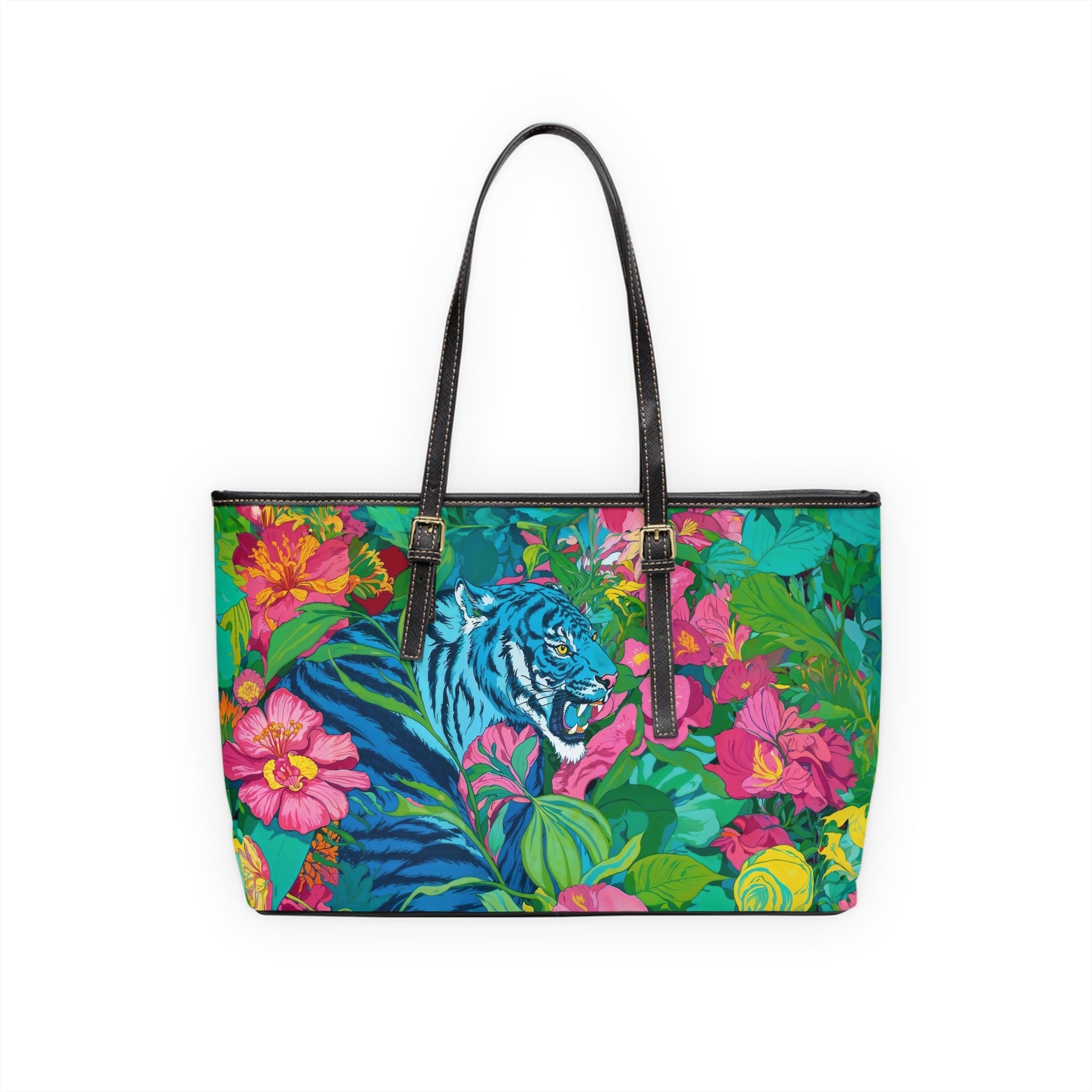 PU Leather Shoulder Bag - Blue Tiger in Jungle Illustration - Bags