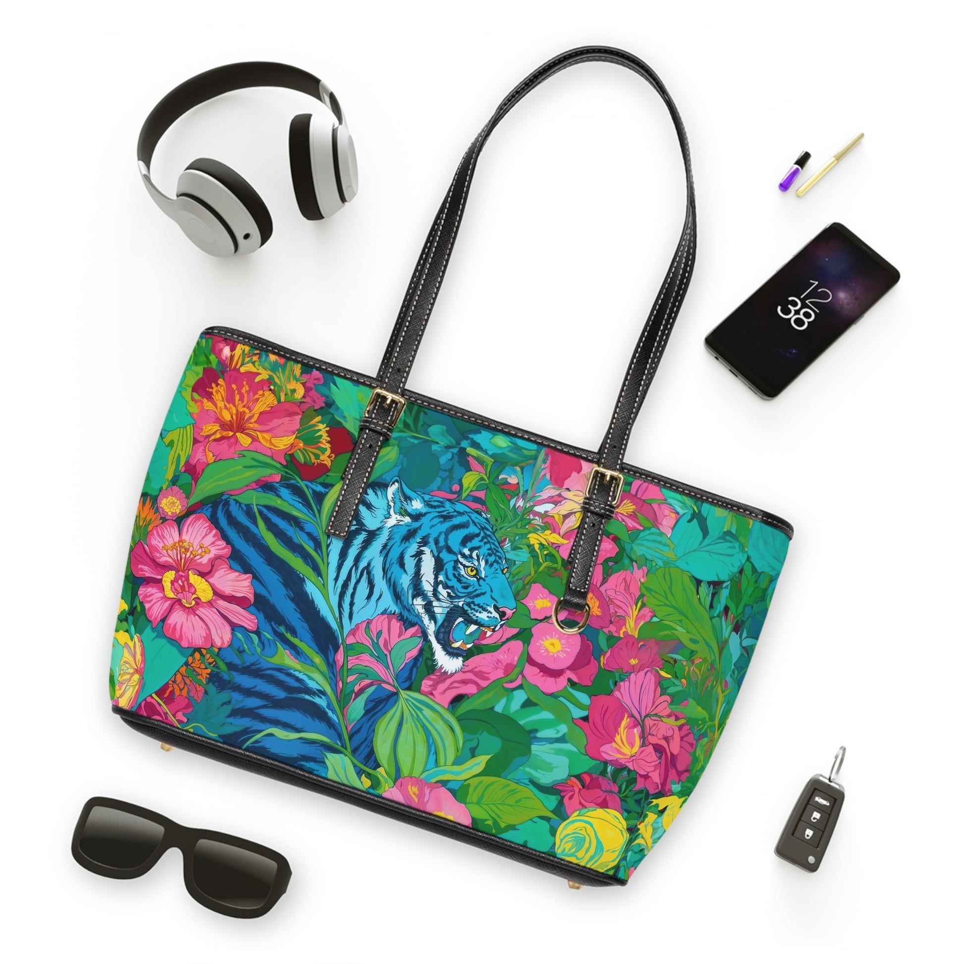 PU Leather Shoulder Bag - Blue Tiger in Jungle Illustration - Bags