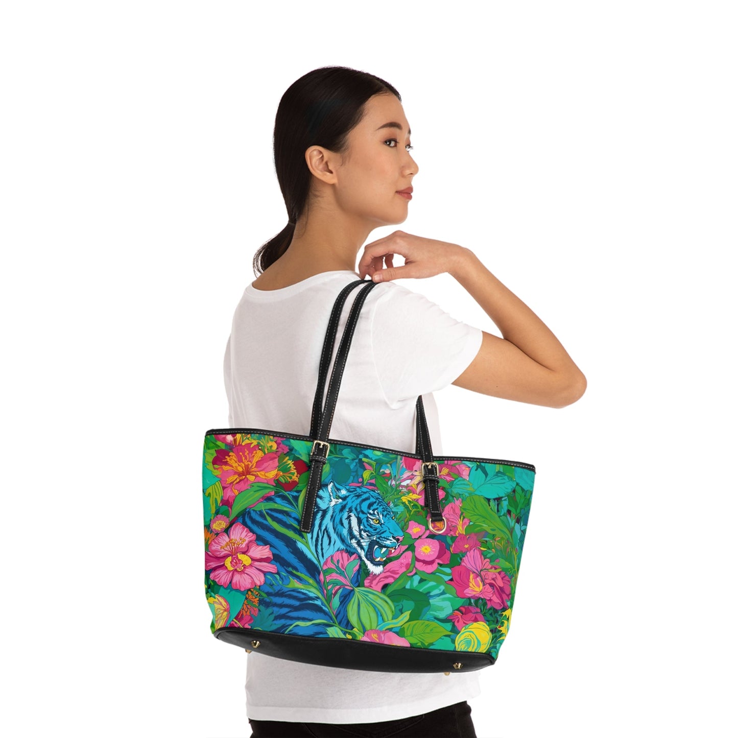 PU Leather Shoulder Bag - Blue Tiger in Jungle Illustration - Bags
