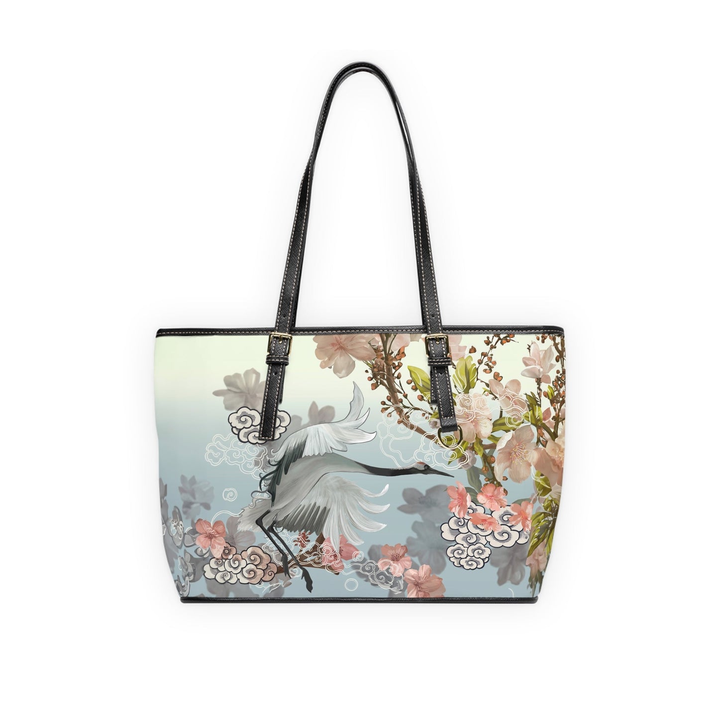 PU Leather Shoulder Bag - Elegant Cranes and Blossoms - 16’’ x 10’’ / Black - Bags