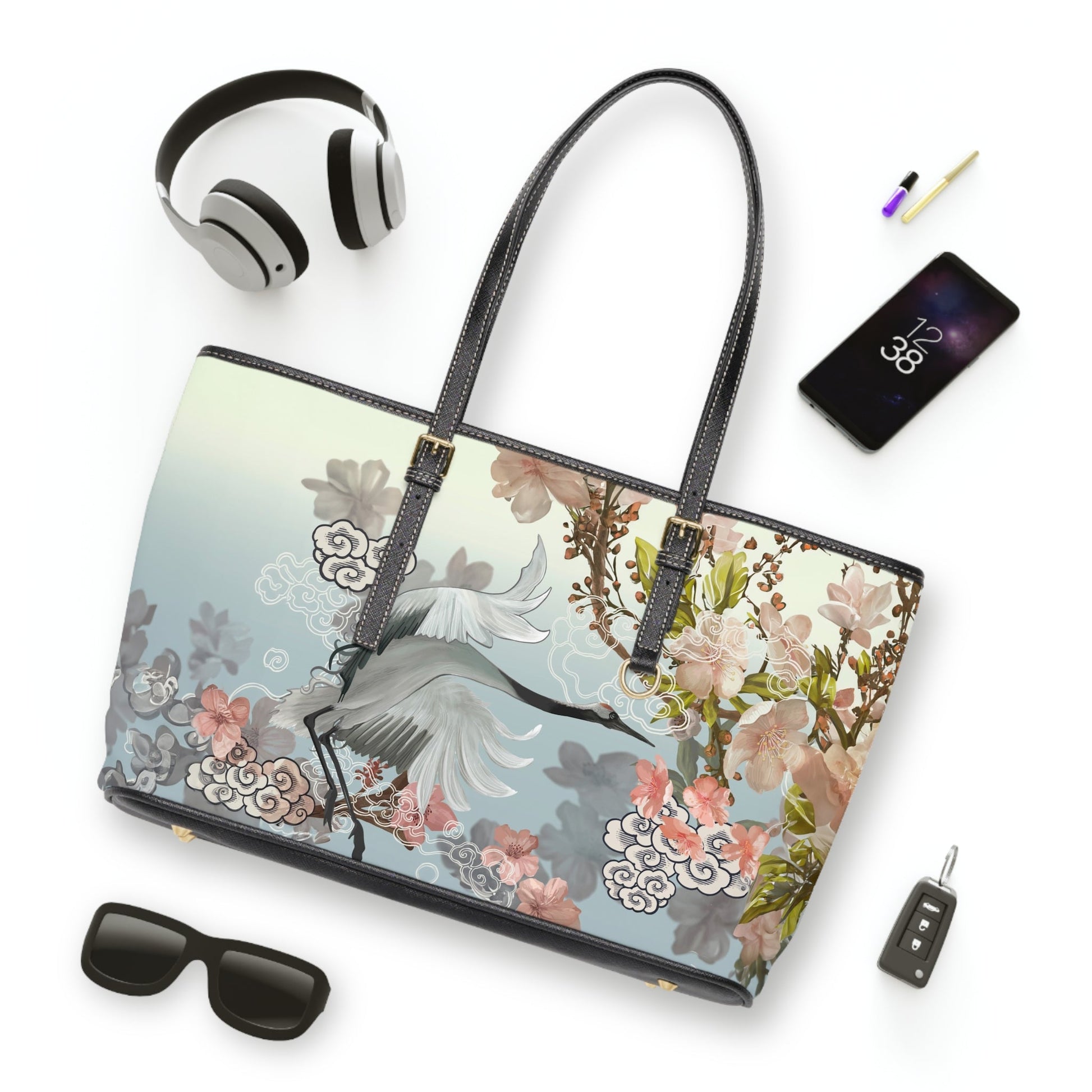 PU Leather Shoulder Bag - Elegant Cranes and Blossoms - Bags