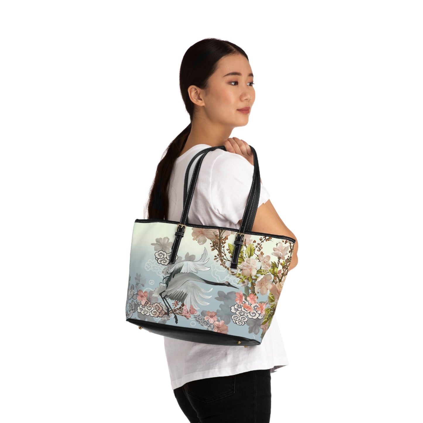 PU Leather Shoulder Bag - Elegant Cranes and Blossoms - Bags