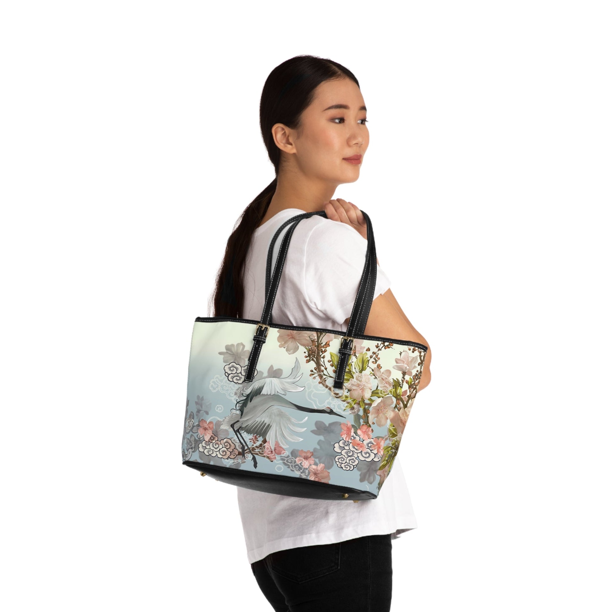 PU Leather Shoulder Bag - Elegant Cranes and Blossoms - Bags