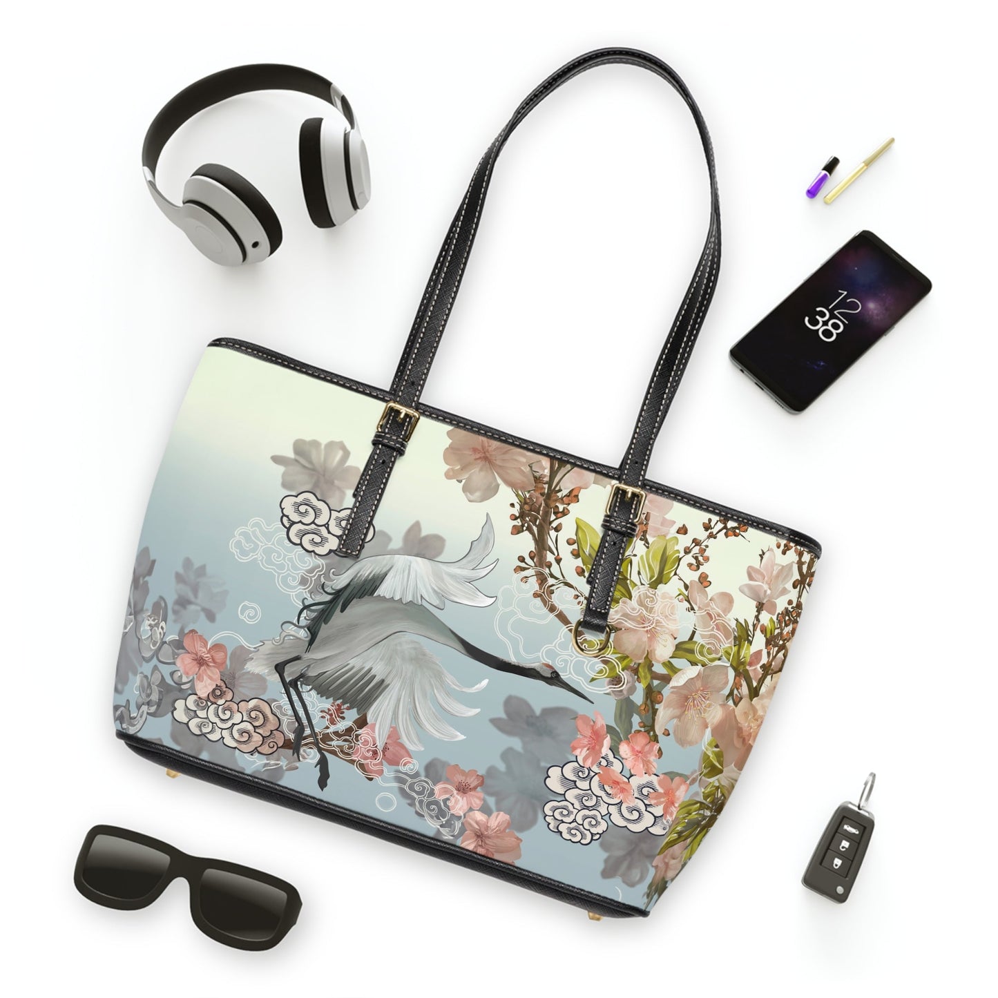 PU Leather Shoulder Bag - Elegant Cranes and Blossoms - Bags