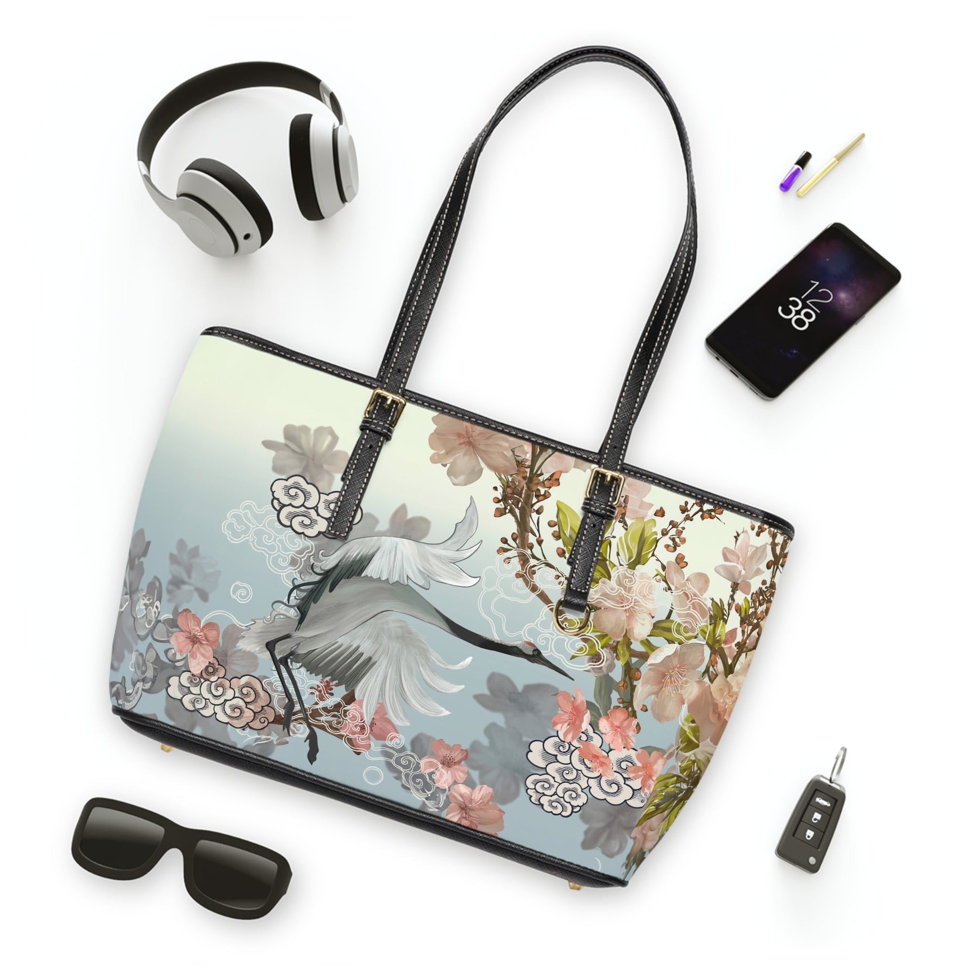PU Leather Shoulder Bag - Elegant Cranes and Blossoms - Bags