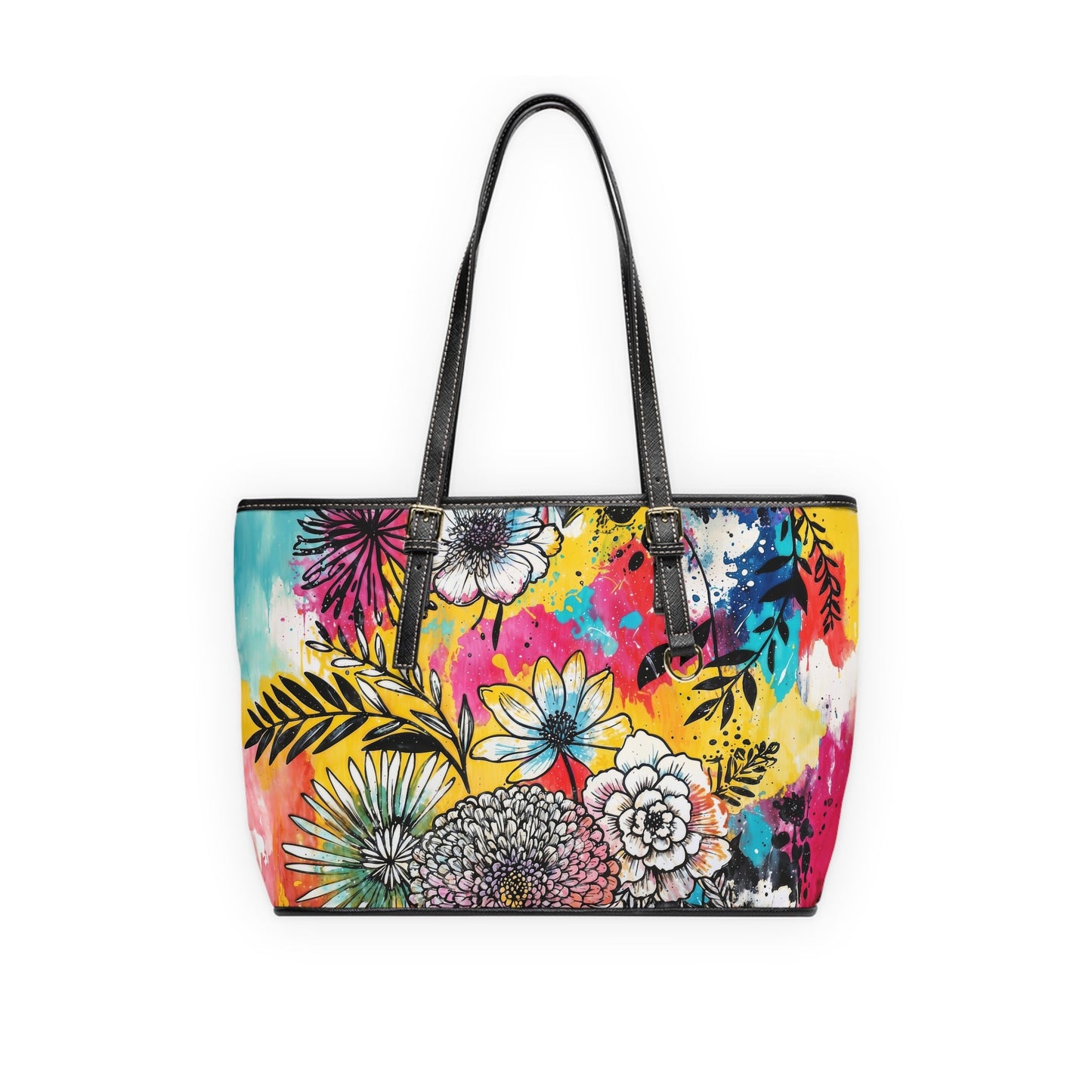 PU Leather Shoulder Bag- Flowers - 16’’ x 10’’ / Black - Bags