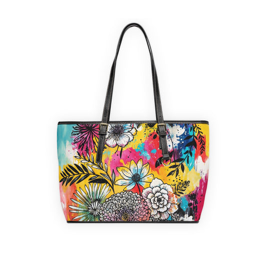 PU Leather Shoulder Bag- Flowers - 16’’ x 10’’ / Black - Bags