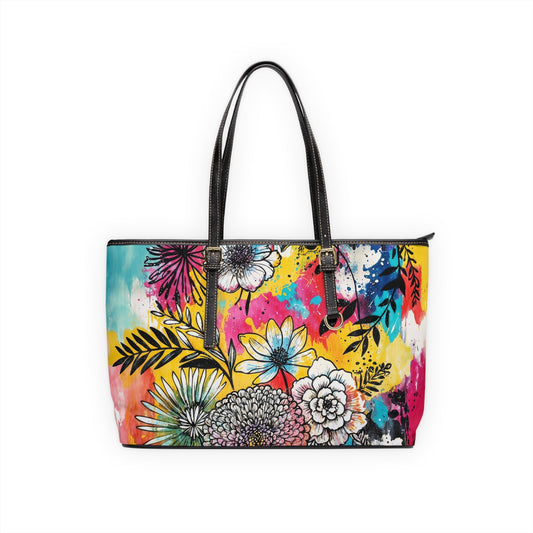 PU Leather Shoulder Bag- Flowers - 17’’ x 11’’ / Black - Bags