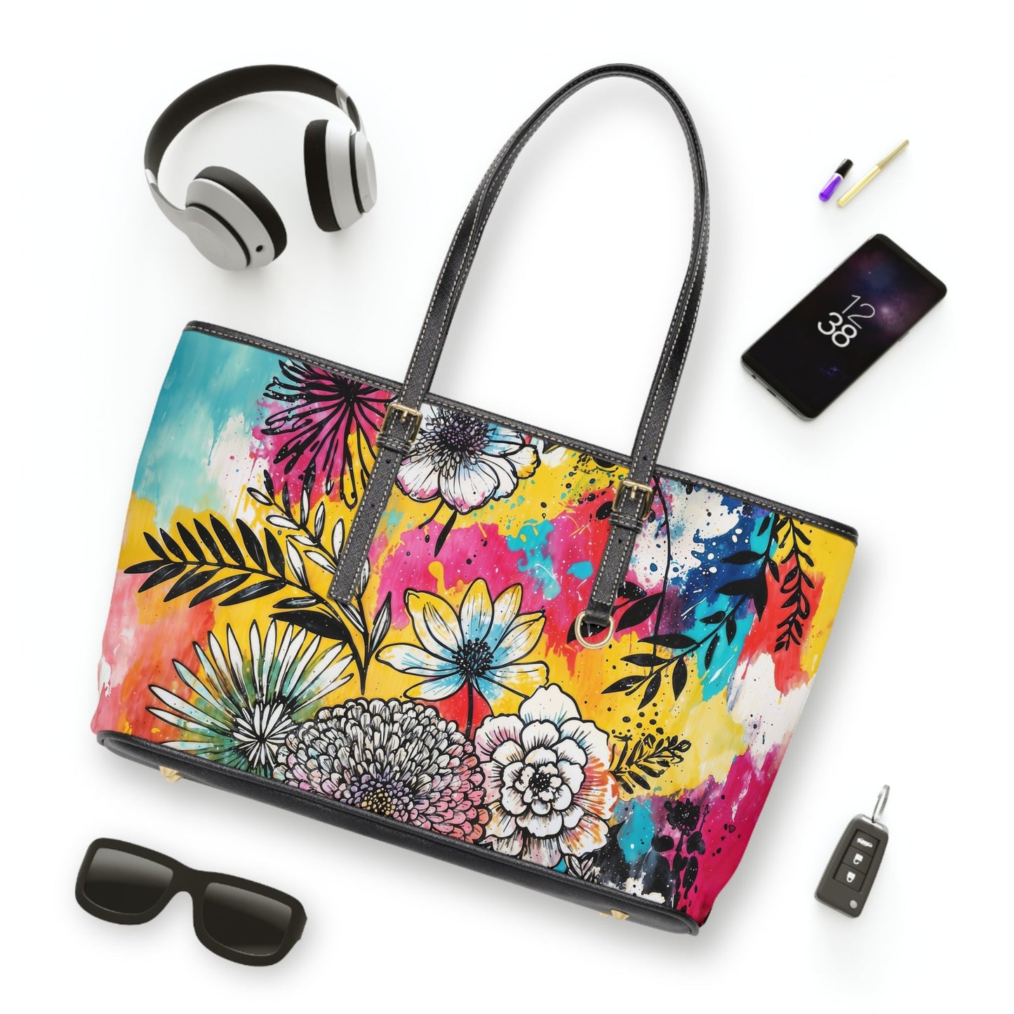 PU Leather Shoulder Bag- Flowers - Bags