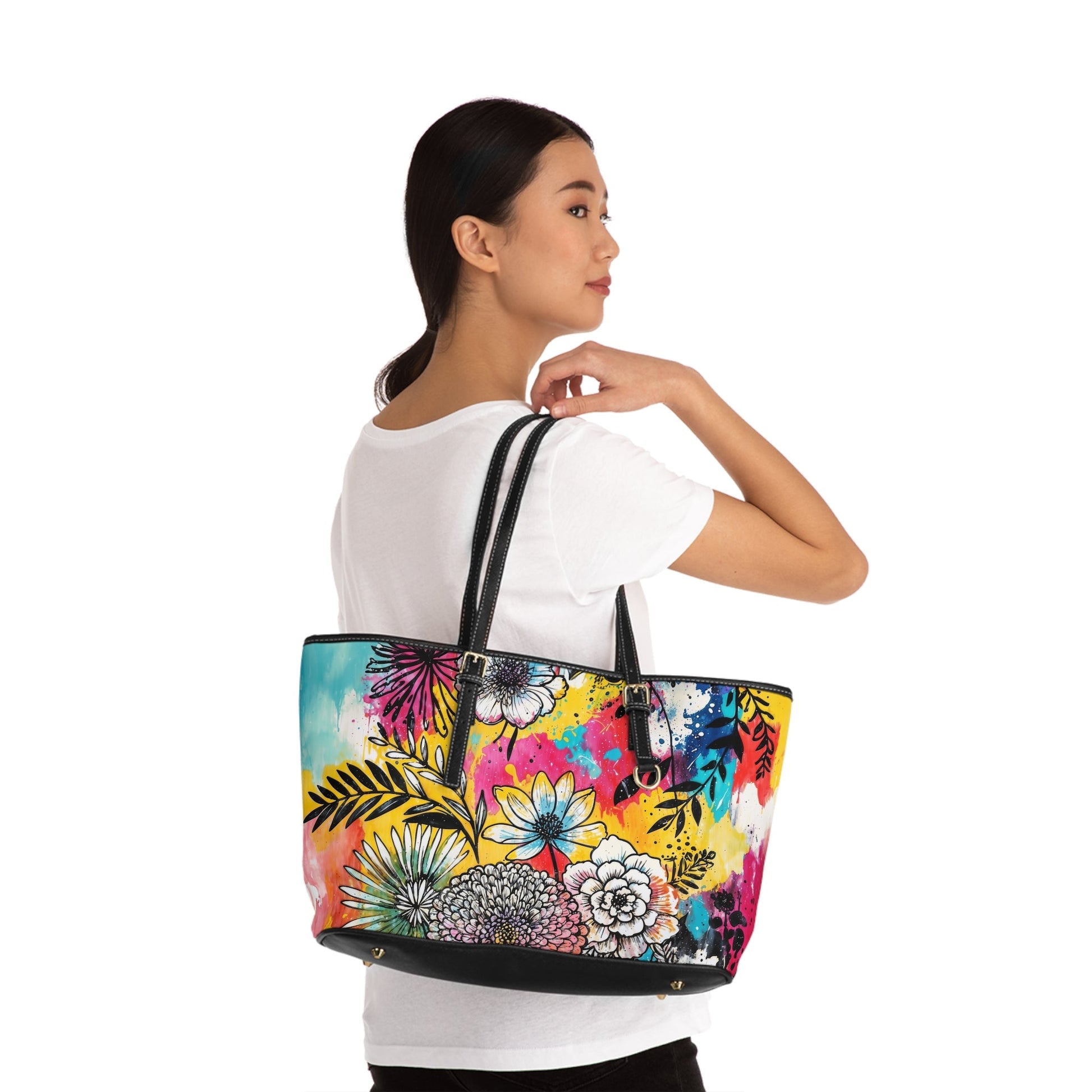 PU Leather Shoulder Bag- Flowers - Bags