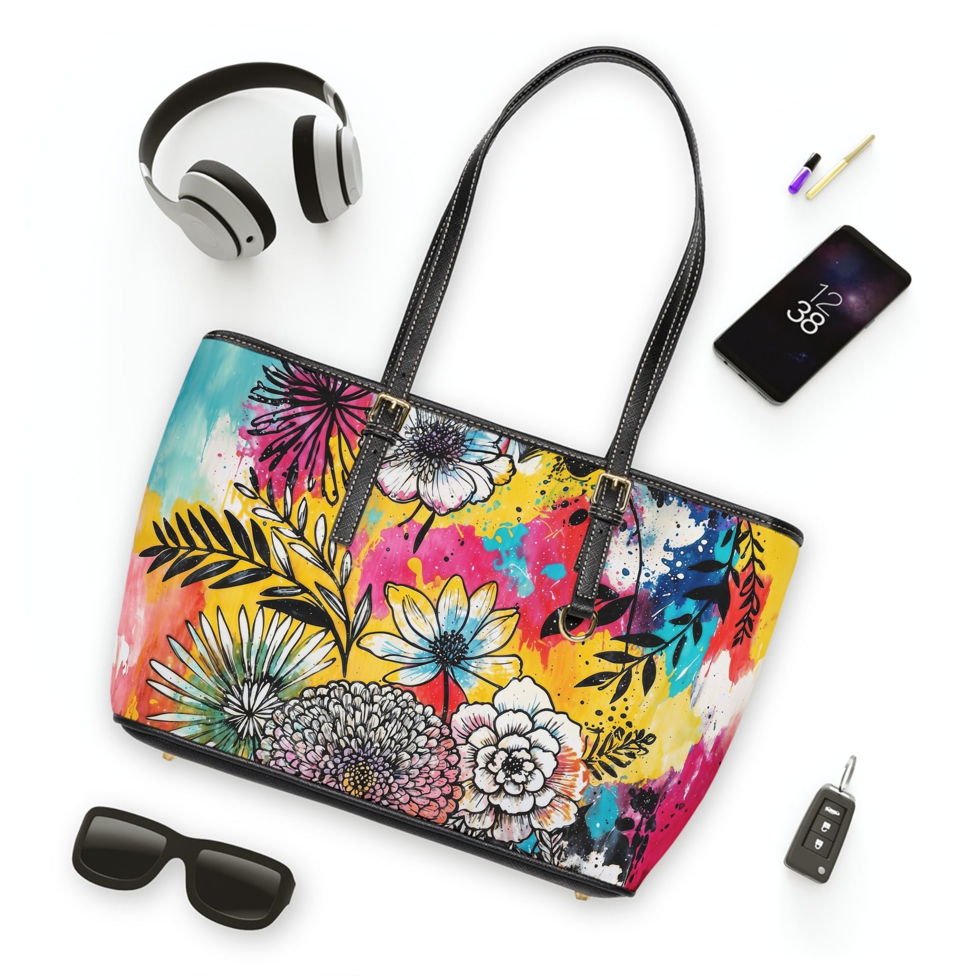 PU Leather Shoulder Bag- Flowers - Bags