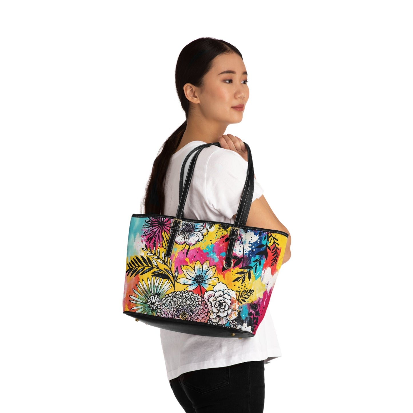 PU Leather Shoulder Bag- Flowers - Bags