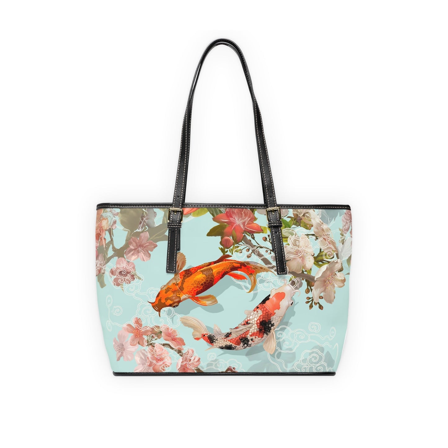 PU Leather Shoulder Bag - Serene Koi and Floral Elegance - 16’’ x 10’’ / Black - Bags