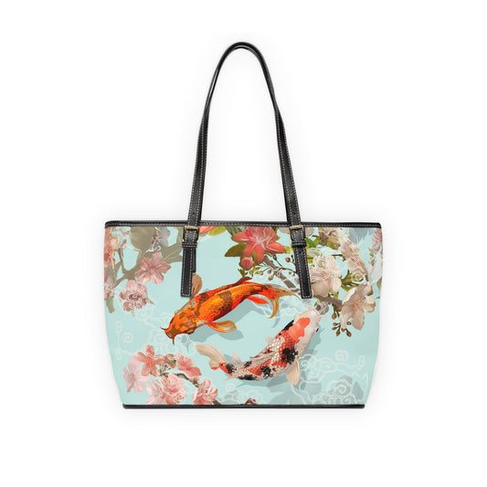 PU Leather Shoulder Bag - Serene Koi and Floral Elegance - 16’’ x 10’’ / Black - Bags