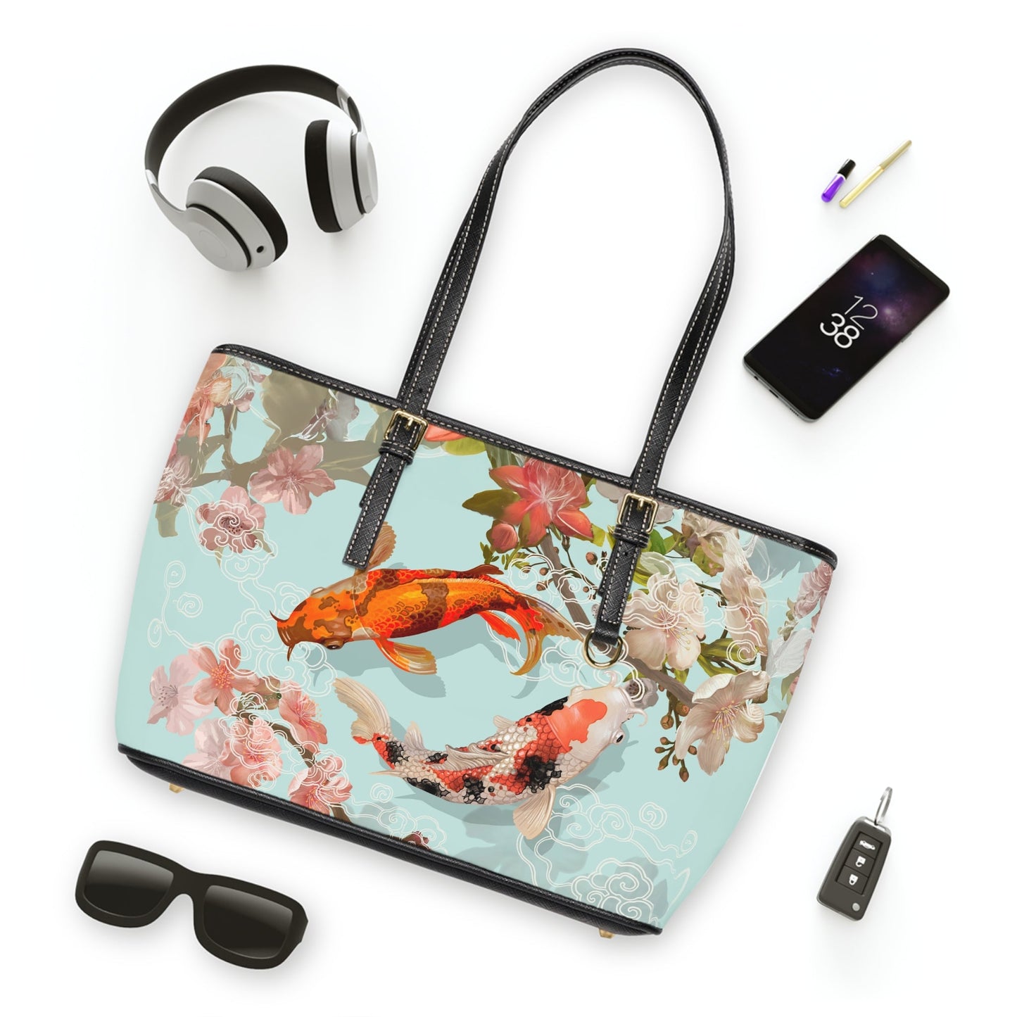 PU Leather Shoulder Bag - Serene Koi and Floral Elegance - 16’’ x 10’’ / Black - Bags