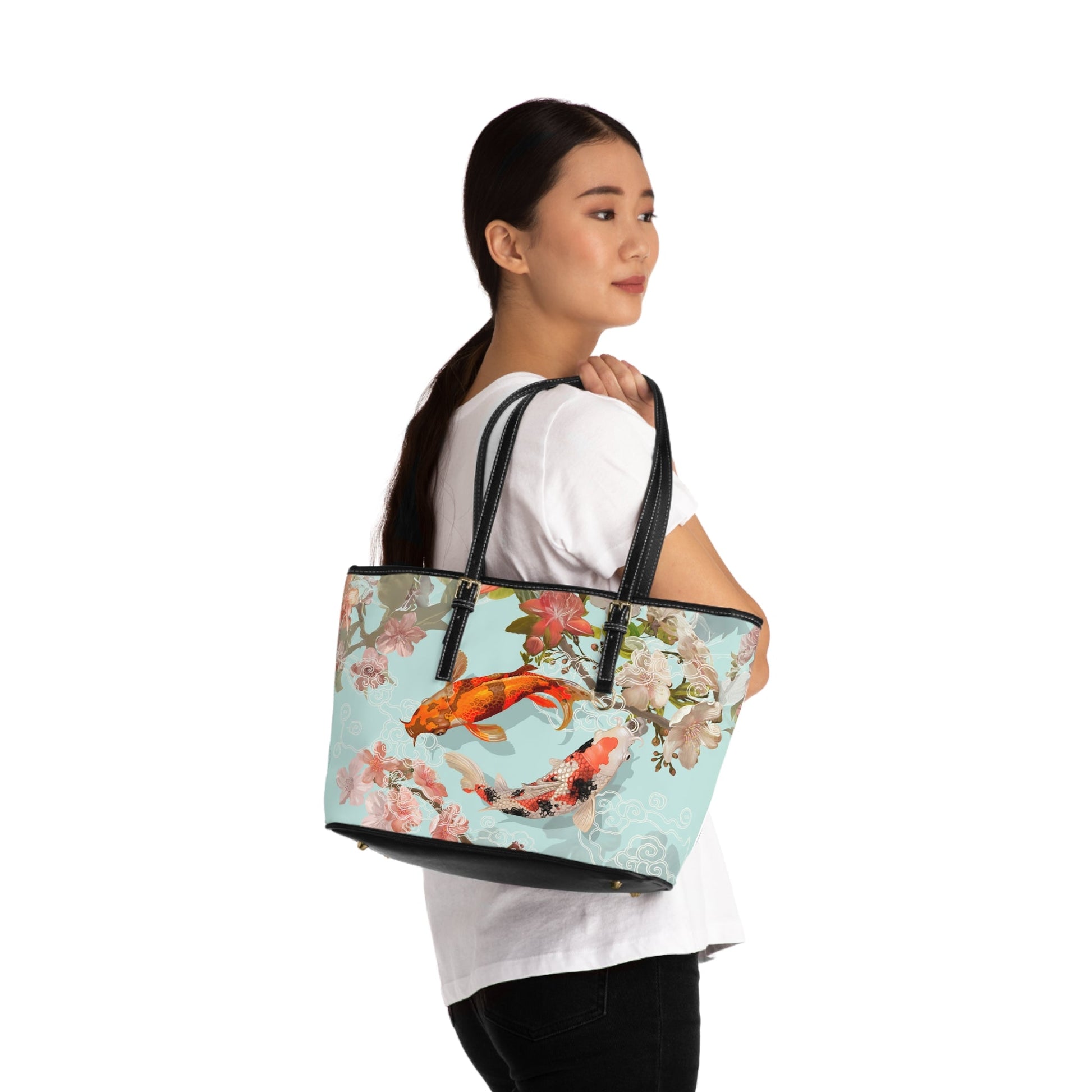 PU Leather Shoulder Bag - Serene Koi and Floral Elegance - 16’’ x 10’’ / Black - Bags
