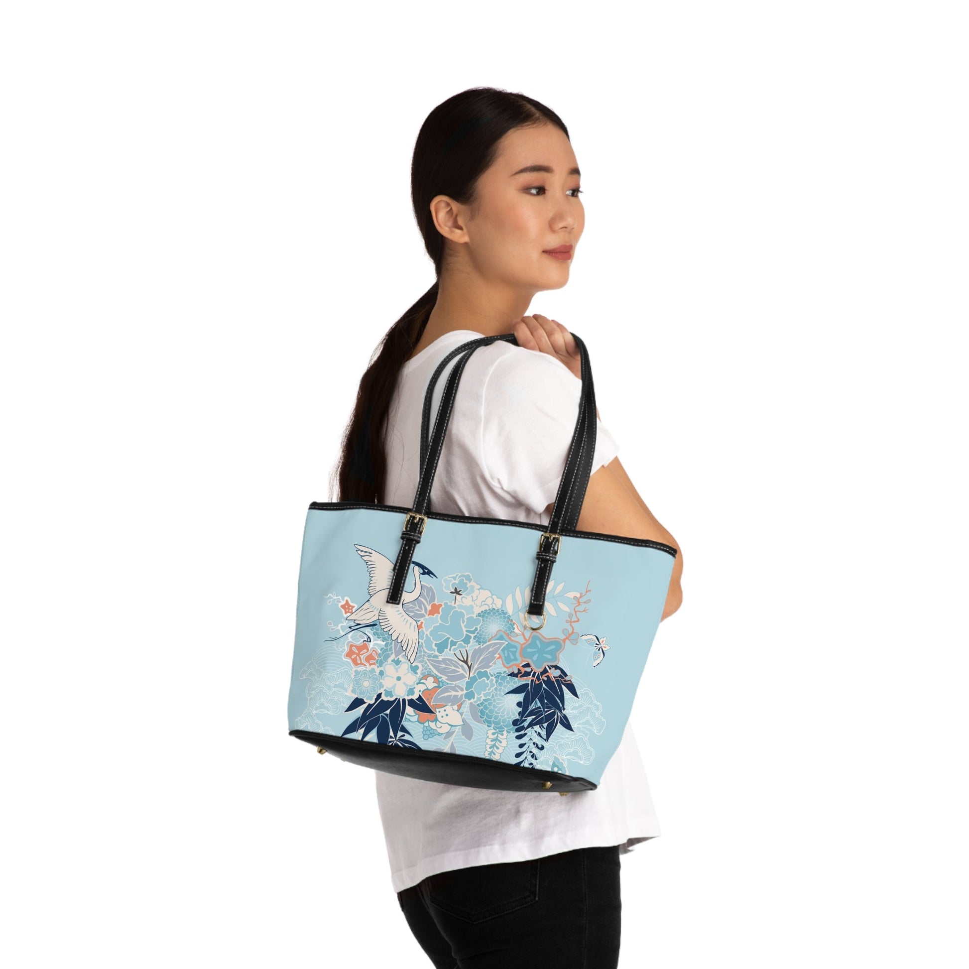 PU Leather Shoulder Bag - Tranquil Cranes and Floral Harmony - 16’’ x 10’’ / Black - Bags