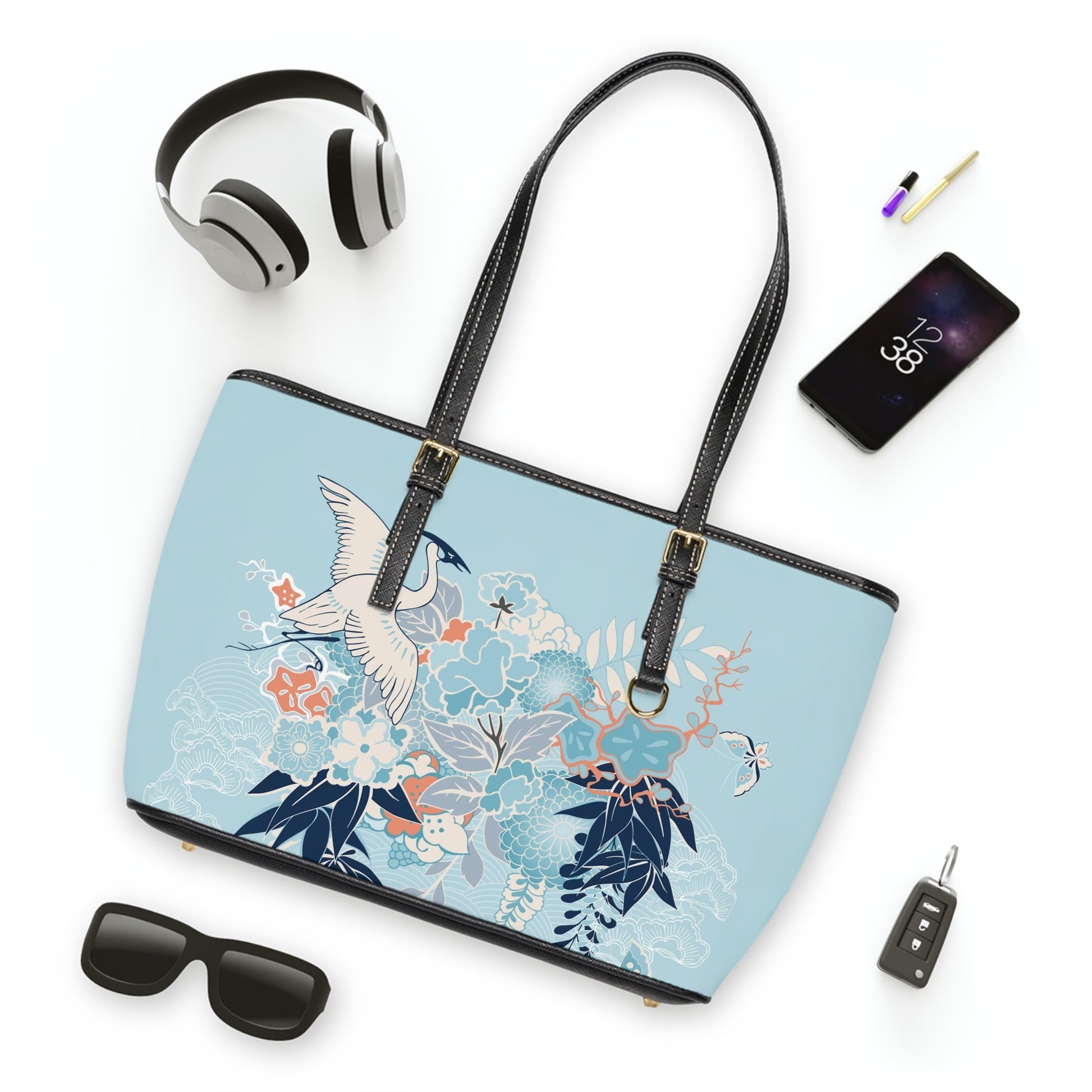 PU Leather Shoulder Bag - Tranquil Cranes and Floral Harmony - 16’’ x 10’’ / Black - Bags