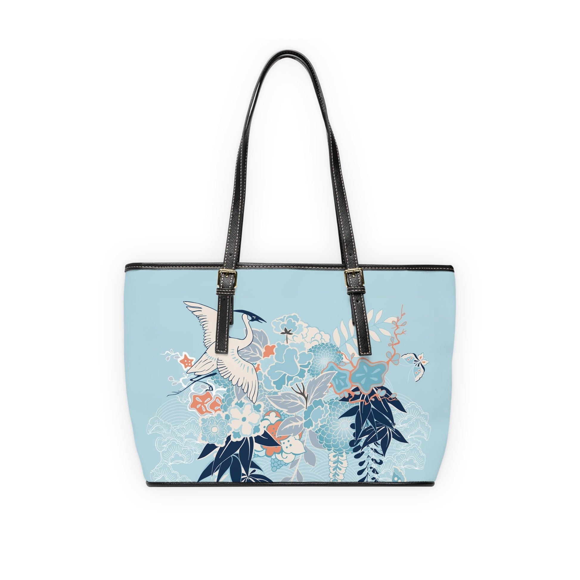 PU Leather Shoulder Bag - Tranquil Cranes and Floral Harmony - 16’’ x 10’’ / Black - Bags