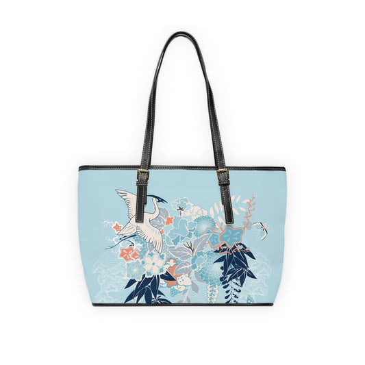 PU Leather Shoulder Bag - Tranquil Cranes and Floral Harmony - 16’’ x 10’’ / Black - Bags